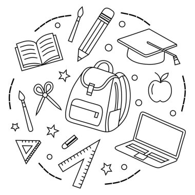 Kitap, çanta, kalem ve elma gibi okul araçlarının siyah ve beyaz ana hatları temiz çizgi biçiminde..