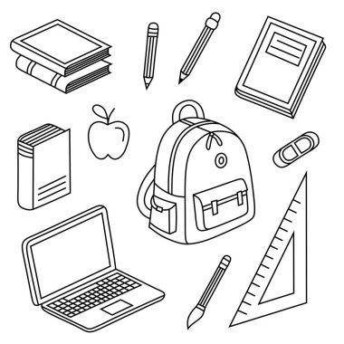 Sırt çantası, kitaplar, kalemler, dizüstü bilgisayarlar ve diğer okul gerekliliklerinin minimalist çizgisi çizimi.