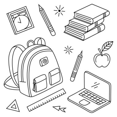 Minimalist tarzda eğitim ve sanat materyalleri içeren okul malzemelerinin el çizimi ana hatları..