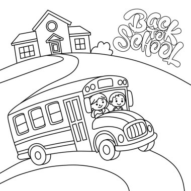 Okulun önündeki bir okul otobüsünün siyah beyaz çizimi, boyama sayfaları için mükemmel..