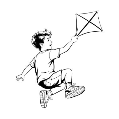 Açık havada oynayan, elinde uçurtma tutan bir çocuğun detaylı siyah beyaz çizimi. Çocuk aktivitesi kavramları için mükemmel..