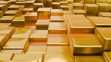 Altın küplerin arka planı. 3D görüntüleme. 3 boyutlu illüstrasyon. döngü Canlandırıldı