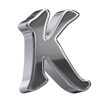 Parlak ve sofistike bir 3D harf K, titizlikle cilalanmış gümüş kromdan yapılmış. Bu mektubun yansıtıcı yüzeyi ve temiz çizgileri modern ve şık bir estetik yaratarak tasarım projeleri ve tabela tasarımı için ideal hale getiriyor.