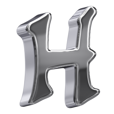 Şık ve sofistike bir 3 boyutlu H harfi. Parlatılmış gümüş kromdan güzel yapılmış. Bu mektubun yansıtıcı yüzeyi ve temiz çizgileri modern ve lüks bir estetik yaratarak tasarım projeleri, tabelalar veya sanatsal tablolar için mükemmel hale getiriyor.