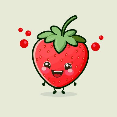 Büyük kırmızı çizgi film suratlı, gülümseyen tatlı çilek meyvesi.