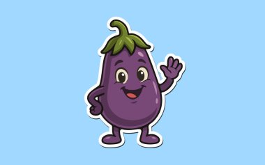 Mavi arkaplan vektör tasarımında izole edilmiş sevimli mutlu patlıcan çizgi film karakteri