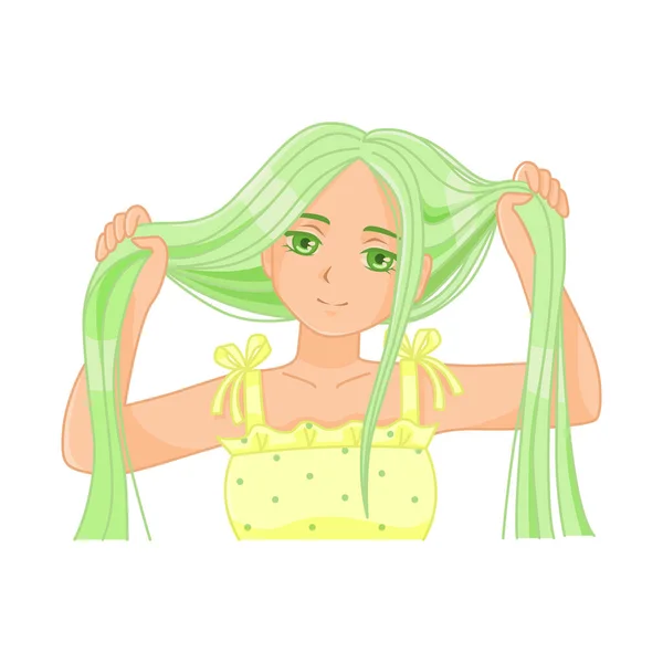 Nettes Anime Mädchen Hält Ihr Langes Grünes Haar — Stockvektor