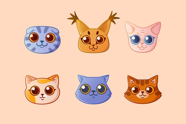 Nette Cartoon Katzengesichter Charaktere Verschiedener Katzenrassen Vektorillustration — Stockvektor