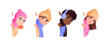 Kış elbiseli küçük kızlar ve oğlanlar duvarın arkasından dikizliyorlar. Beyaz üzerine izole edilmiş vektör düz illüstrasyon.