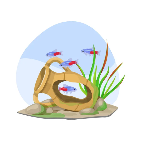 壊れたアンフォラと魚と水族館 平面ベクトル図 — ストックベクタ