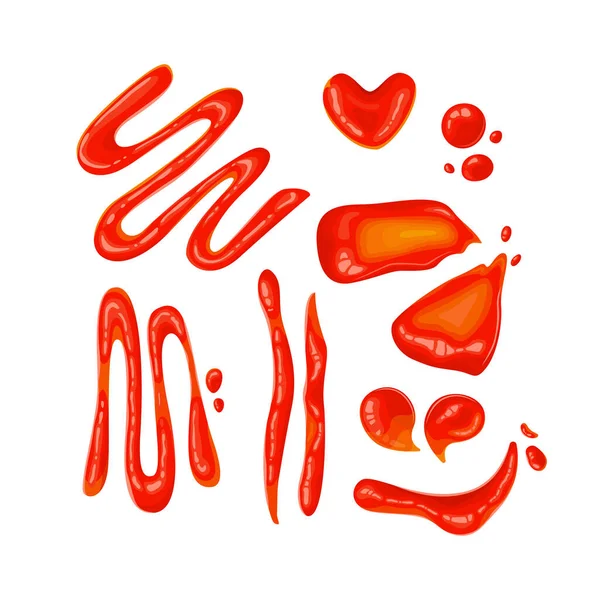 Macchie Ketchup Salsa Pomodoro Macchie Rosse Sbavature Gocce Pasta Bole — Vettoriale Stock
