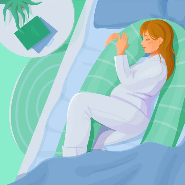 Wanita Hamil Muda Berbaring Tidur Dengan Bantal Tempat Tidur Konsep - Stok Vektor