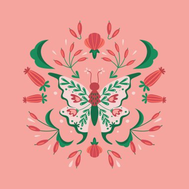 Çiçek süslemeli klasik vektör kelebeği. Çiçekleri, yaprakları ve dalları olan mistik güvelerin halk örnekleri. Soyut böcek boho kartı, poster, baskı