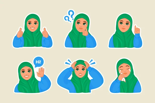 Carino Ragazza Musulmana Con Espressioni Facciali Diverse Illustrazione Vettoriale — Vettoriale Stock