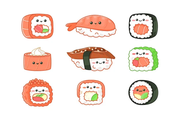 stock vector Various kawaii sushi and rolls. Cartoon characters. Isolated on a white background
