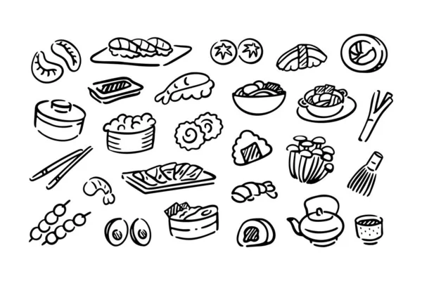 Conjunto Vários Rabiscos Mão Desenhada Áspero Comida Cozinha Japonesa Simples —  Vetores de Stock