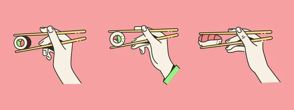 Kézen Fogva Evőpálcikákat Sushi Tekercsgel Rajzfilm Lapos Vektor Készlet — Stock Vector