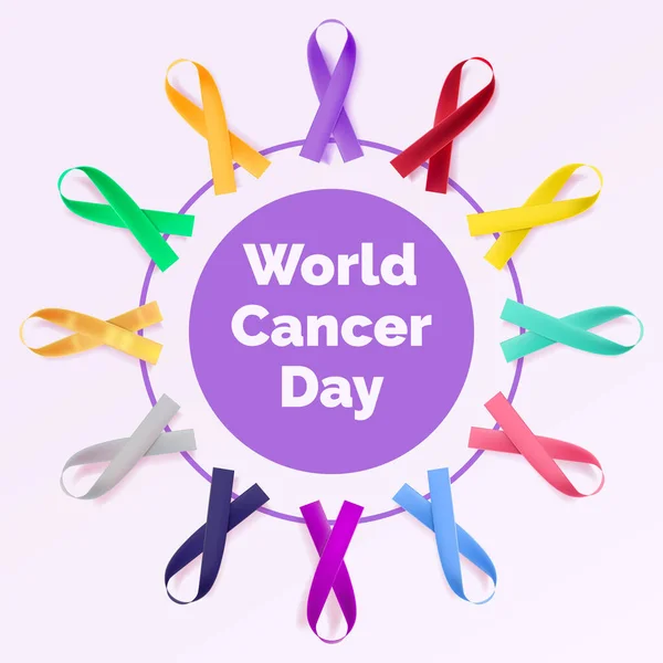 Εικονογράφηση Διάνυσμα Της Παγκόσμιας Ημέρας Καρκίνου Κορδέλα Τετράγωνο Banner — Διανυσματικό Αρχείο