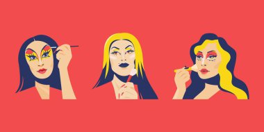 Drag Queens makyaj uygular, düz vektör portreleri serisi.