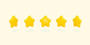 Five yellow glossy stars, 3d cartoon vector illustration