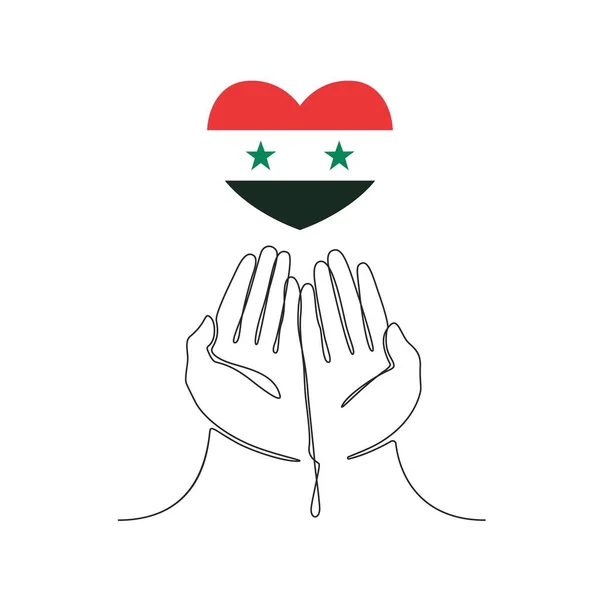 One continuous line drawing of praying hands and the flag of Syria. Vector illustration