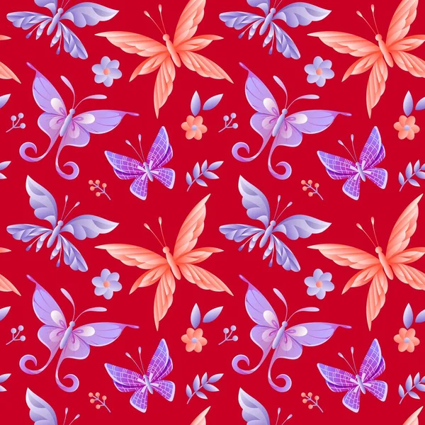 Nahtloses Muster Mit Schmetterlingen Blumen Und Blättern Vektorillustration — Stockvektor