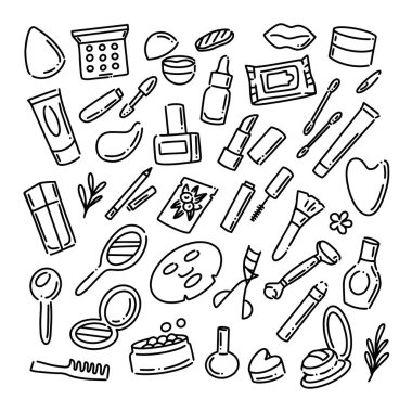 Kozmetik, makyaj karalama simgeleri el çizimi vektör çizimi çizimi çizimi.