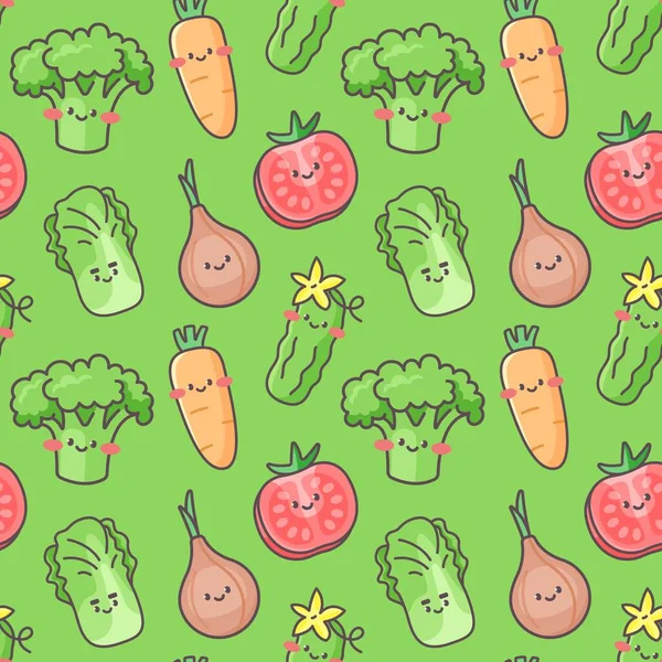 Nettes Vektor Nahtloses Muster Mit Glücklichen Gemüsefiguren Grüner Hintergrund — Stockvektor