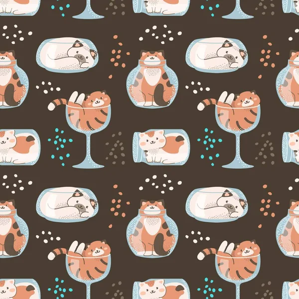 Nahtloses Muster Mit Niedlichen Katzen Die Glasgefäßen Sitzen Lustige Vektorillustration — Stockvektor