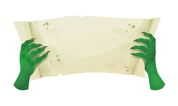 Gröna Zombiehänder Som Håller Pappersrullen Vektorillustration Isolerad — Stock vektor