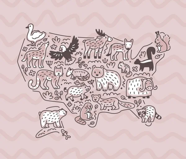 Tiere Der Usa Auf Der Karte Gekritzelte Vektor Illustration Umrissskizze — Stockvektor