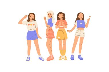 Koreli k-pop kız grubu beyaz arka planda izole edilmiş. Düz tasarım biçim vektör çizimi.