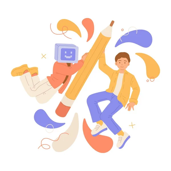 İnsan ve robot büyük bir kalemle havada süzülüyorlar. Tasarımcılar, sanatçılar ve yaratıcı insanlarla yapay zekanın işbirliği kavramı. Düz vektör