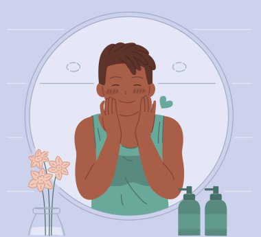 Siyah adam banyo aynasına bakarken görünüşünden zevk alıyor. Düz vektör illüstrasyonu.