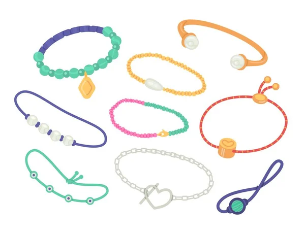 Beyaz arka planda izole edilmiş kadın bileklikleri koleksiyonu. Düz vektör illüstrasyonu.