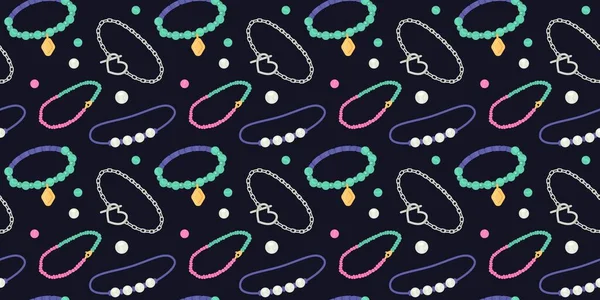 Nahtloses Muster Mit Schönen Armbändern Und Perlen Auf Schwarzem Hintergrund — Stockvektor