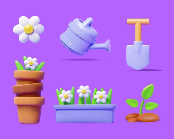 Set Von Niedlichen Gartenthemen Objekten Blume Topf Mit Pflanzen Schaufel — Stockvektor