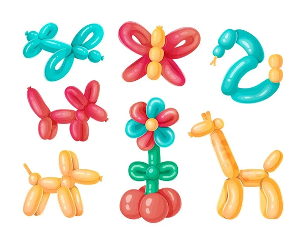 Beyaz arka planda canlı renklerde balon oyuncakları. Vektör illüstrasyonu.