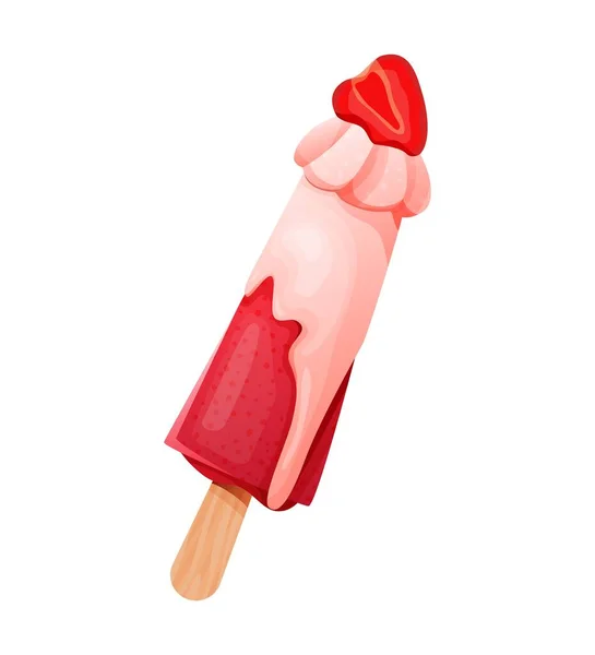 Красное Мороженое Замороженный Сок Палочке Взбитыми Сливками Ломтиком Клубники Векторная — стоковый вектор