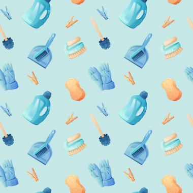 Mavi bir arkaplan, vektör illüstrasyonunda temizleme araçları pürüzsüz desen.