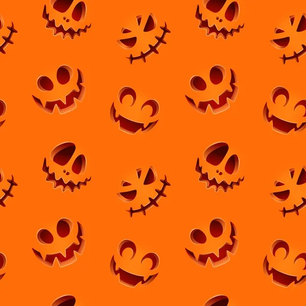 Seamless Pattern Orange Background Carved Pumpkin Faces Cartoon Vector Illustration — Stock Vector