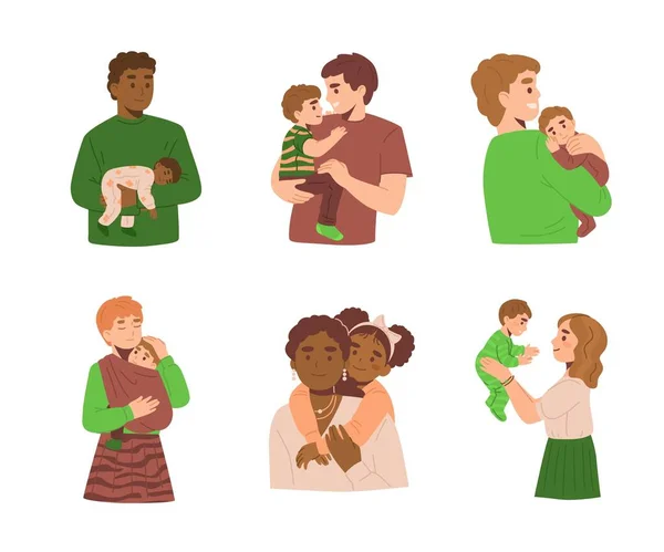 Boldog Anyák Apák Gyerekek Ölelés Készlet Lapos Vektor Elszigetelt Illusztrációk Jogdíjmentes Stock Vektorok