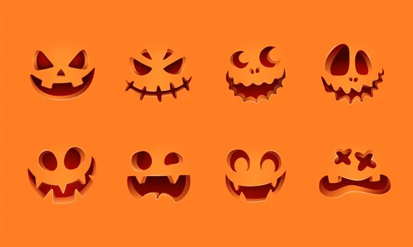 Izolované Halloween Dýně Vyřezávané Tváře Siluety Oranžové Vektorová Ilustrace — Stockový vektor