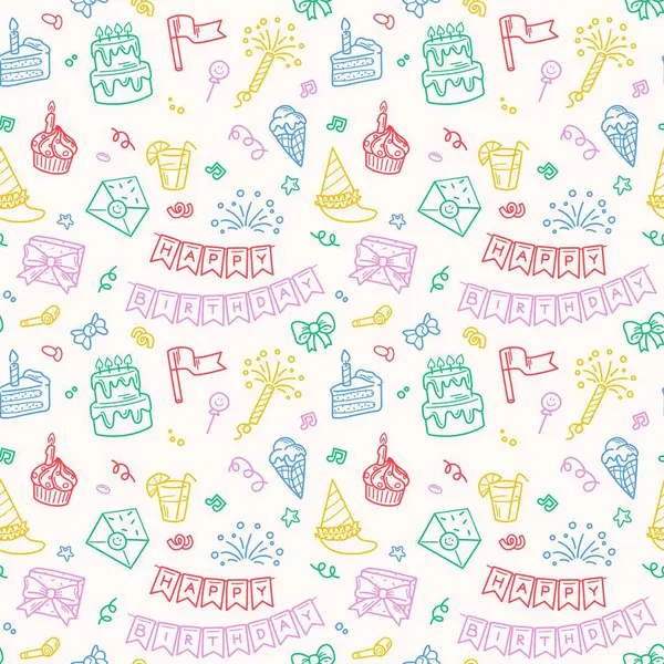 Vektor Illustration Happy Birthday Party Doodle Bunte Nahtlose Muster — Stockvektor