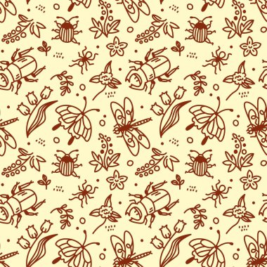 Çizgi film böcekleri ve bitkileri ile karikatür vektörsüz desen