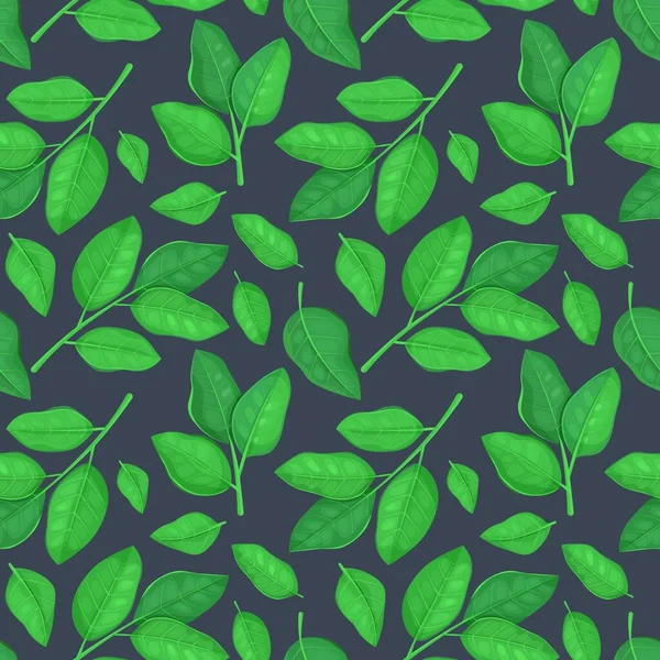 Nahtloses Muster Mit Grünen Blättern Auf Dunklem Hintergrund Vektorillustration — Stockvektor