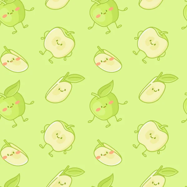 Yeşil elma karakterleri çocuklar için pürüzsüz bir desen. Çizgi film meyvesi.