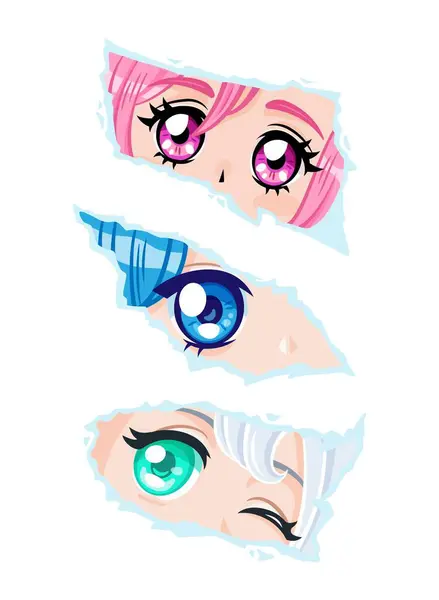 Beyaz arka planda izole edilmiş yırtık kağıda bakan renkli manga kızları. Siyah beyaz illüstrasyon.