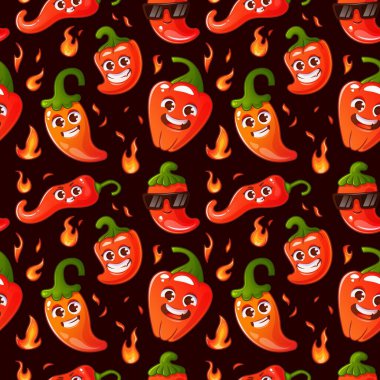 Kusursuz desenli, koyu arkaplanda kırmızı kırmızı biberli. Vektör illüstrasyonu.