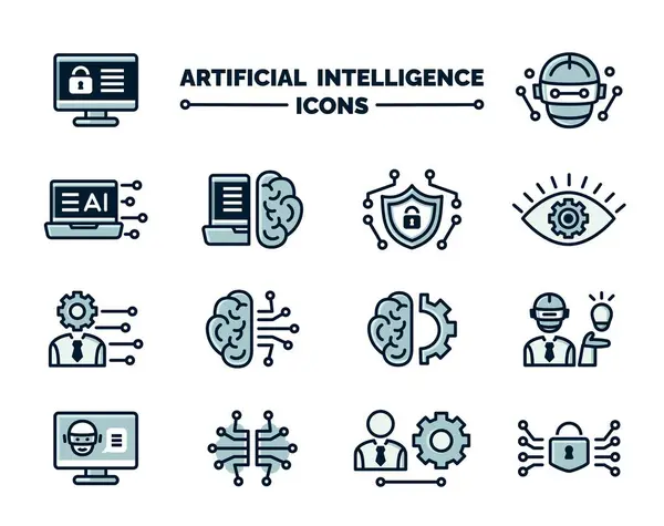 Yapay zeka, güvenlik ve teknoloji, vektör illüstrasyonu temalı doğrusal simgeler